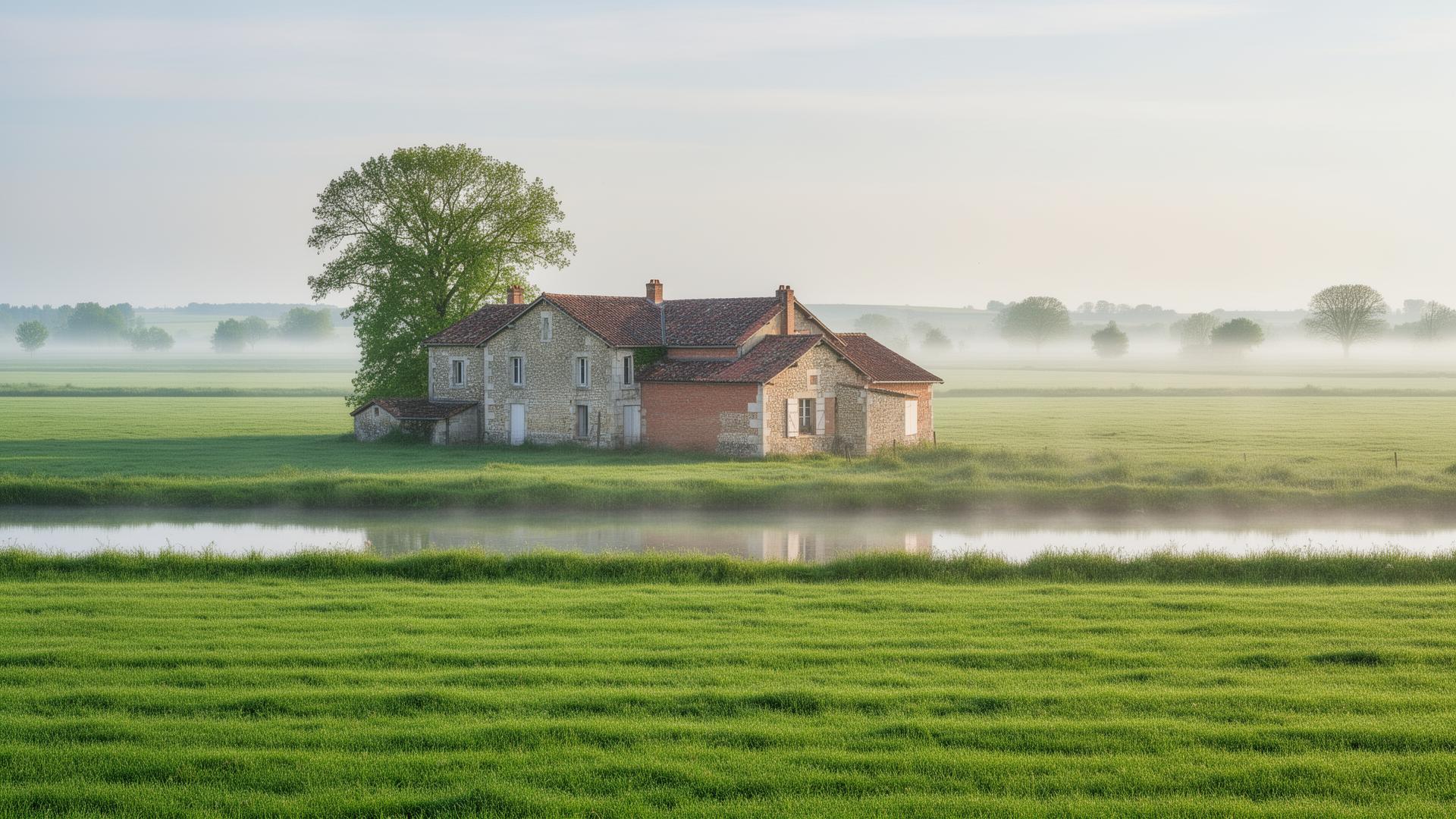 Paysage de la Dombes dans l'Ain avec ferme traditionnelle en pierre près d'un étang et brume matinale