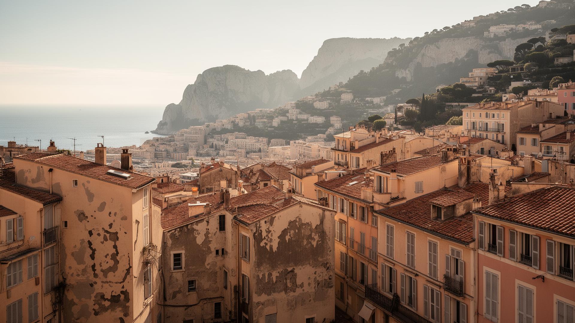 Vieille ville de Nice avec bâti ancien sur colline face à la Méditerranée