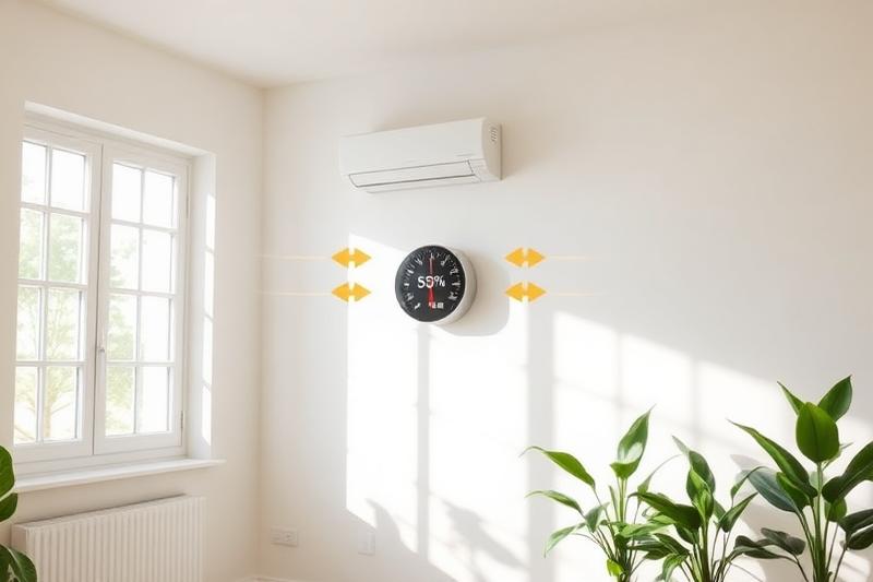 Pièce bien ventilée avec hygromètre montrant 50% d'humidité relative et système de ventilation