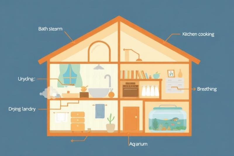 Coupe transversale d'une maison montrant les sources d'humidité : salle de bain, cuisine, linge, respiration