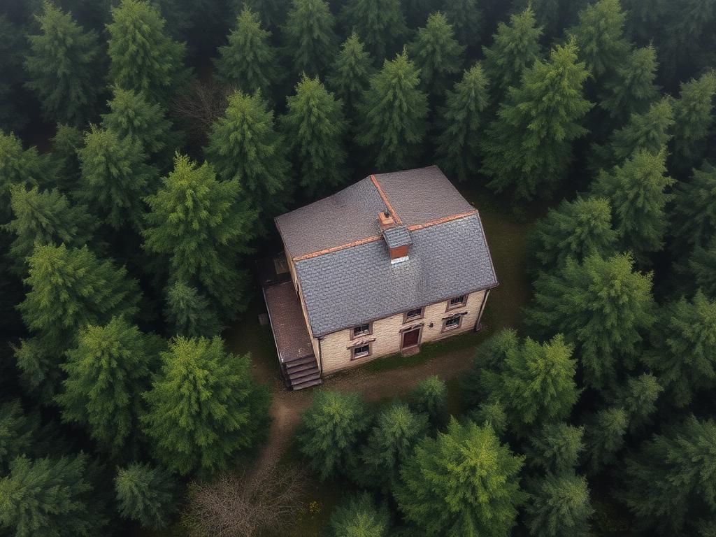 Maison ancienne en pierre dans les Ardennes entourée de forêts denses, climat humide et froid