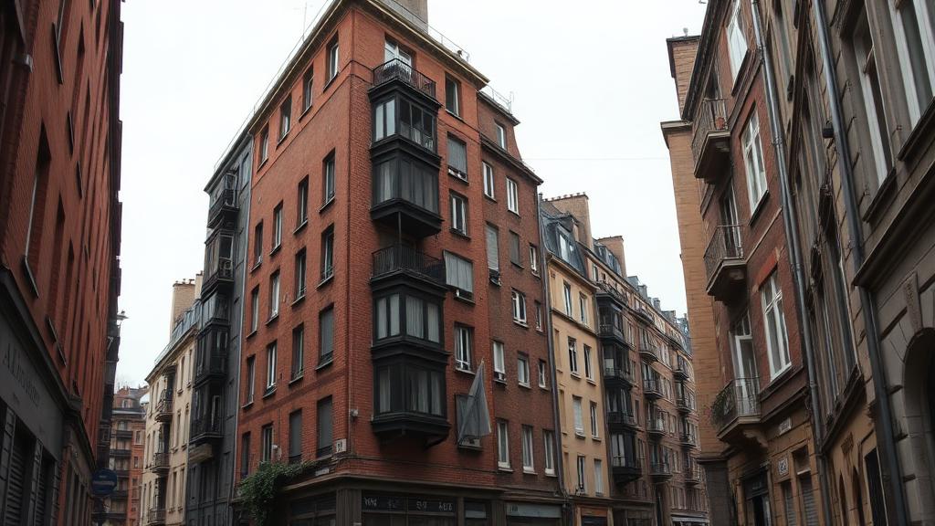 Rue dense d'immeubles anciens en brique à Aubervilliers