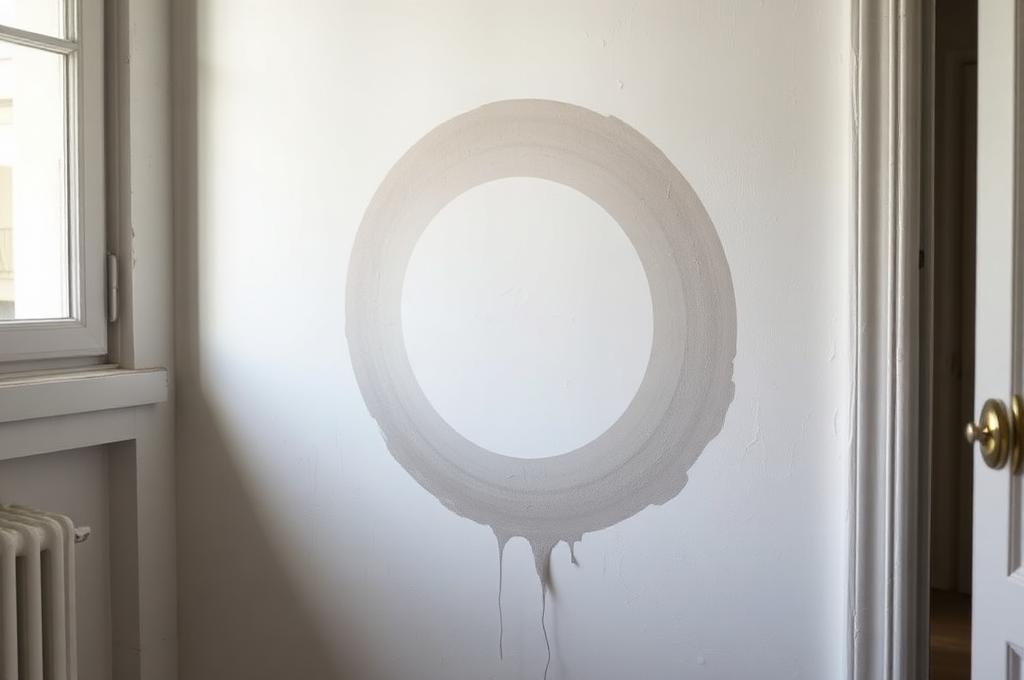 Auréole d'humidité circulaire sur un mur blanc typique d'une infiltration d'eau avec coulures et peinture dégradée