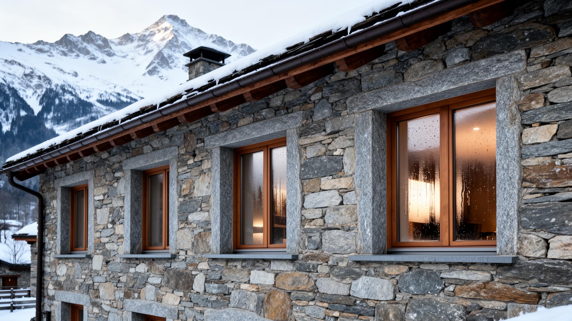 Maison traditionnelle alpine avec condensation sur les fenêtres