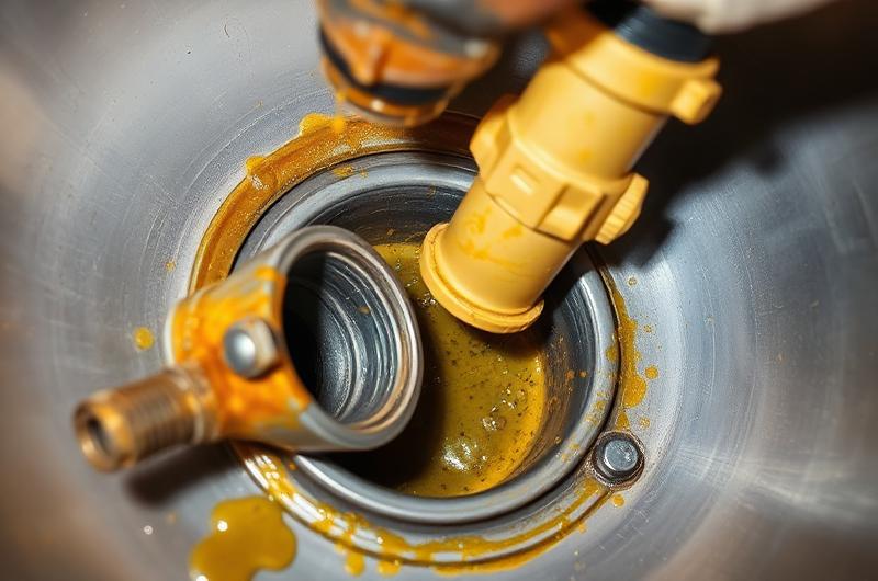 Siphon encrassé par des dépôts de graisse dans un immeuble, cause fréquente de bouchon collectif
