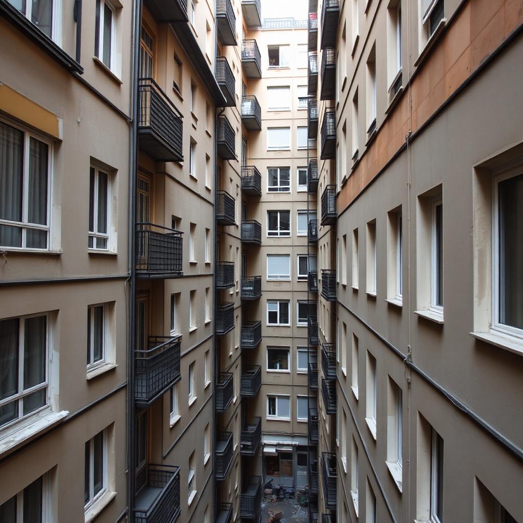 Cour intérieure étroite entre immeubles denses à Boulogne-Billancourt