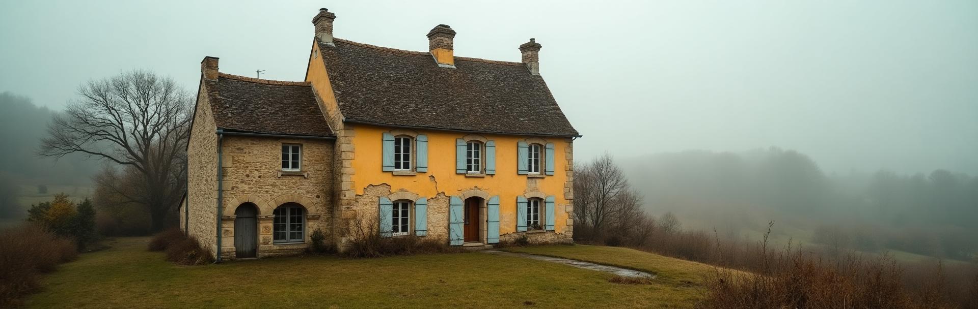 Maison bourguignonne en pierre calcaire dans le vignoble avec brume matinale