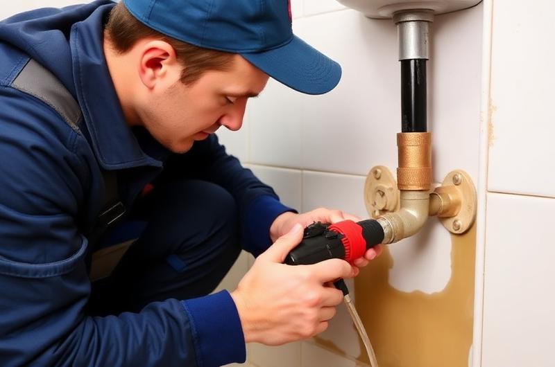 Technicien inspectant une canalisation présentant une fuite d'eau dans une salle de bain