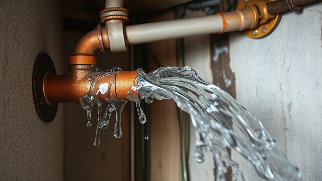 Tuyau en cuivre cassé avec jet d'eau s'échappant du raccord rompu dans un mur