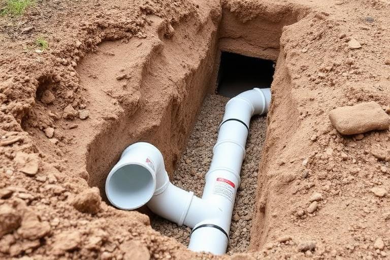 Tranchée ouverte avec canalisation PVC enterrée dans le sol d'un jardin
