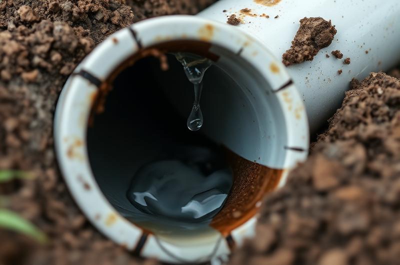 Canalisation enterrée fissurée avec fuite d'eau visible dans le sol
