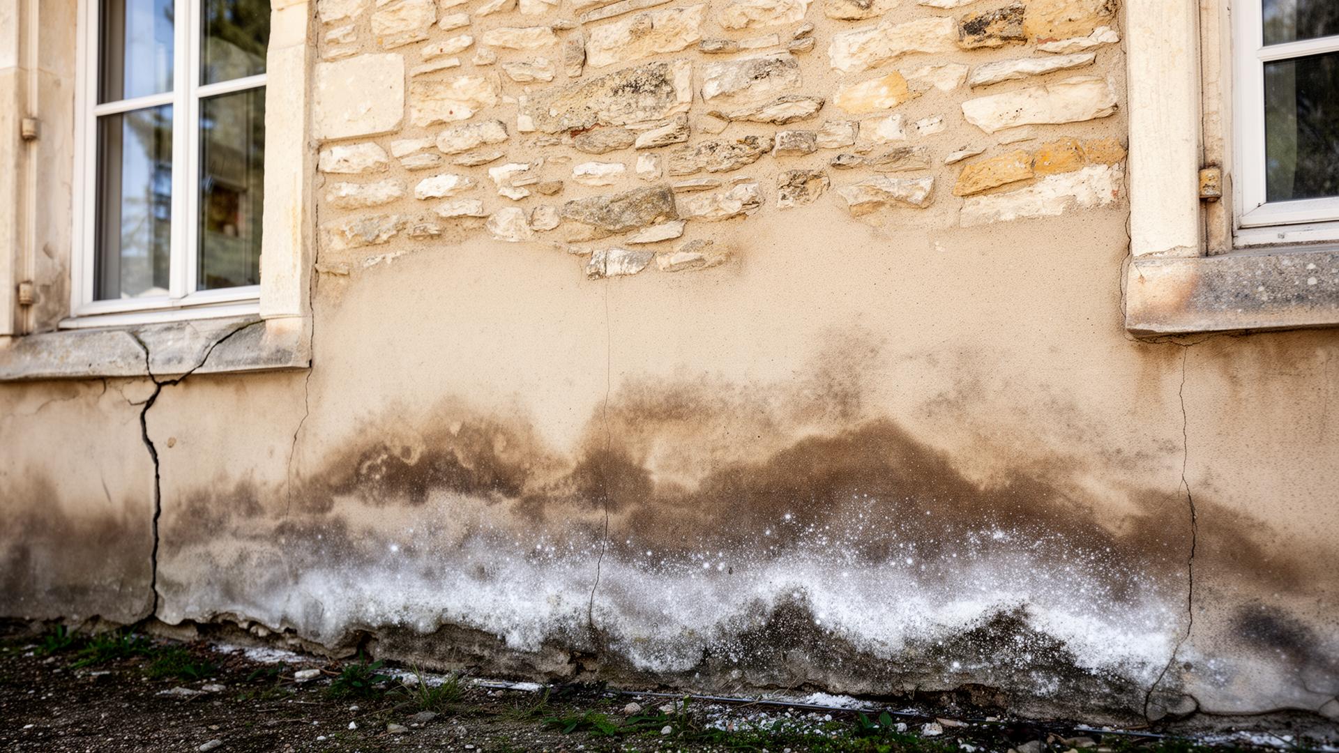 Mur en pierre présentant des dégradations causées par l'humidité ascensionnelle