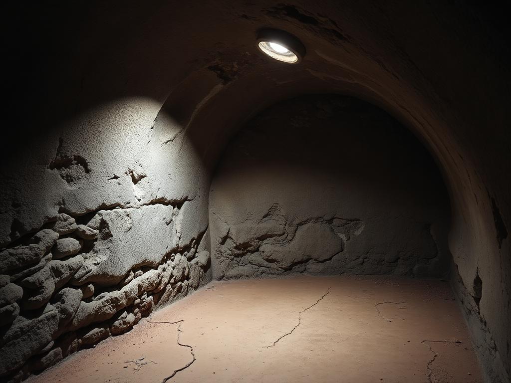 Cave voûtée parisienne avec traces d'humidité sur les murs en pierre