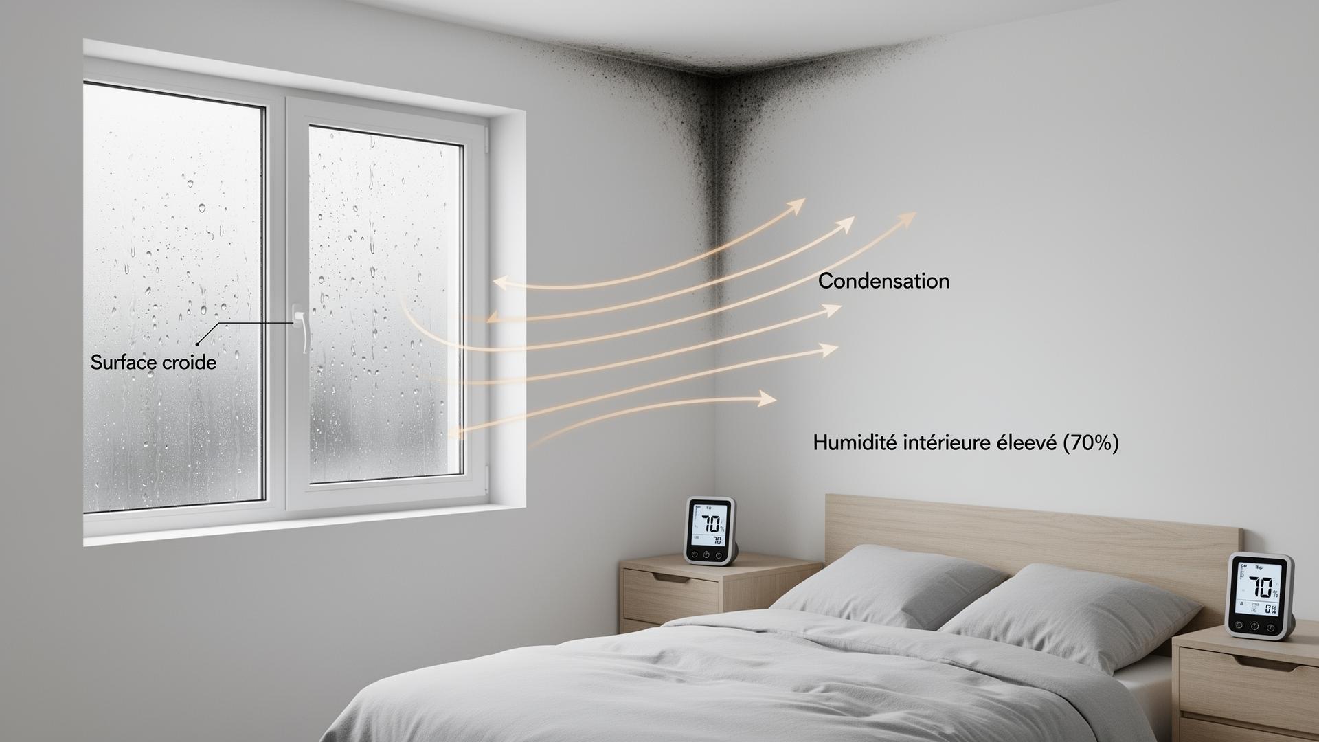 Schéma technique montrant la condensation dans une chambre : air humide à 70 % se dirigeant vers les surfaces froides