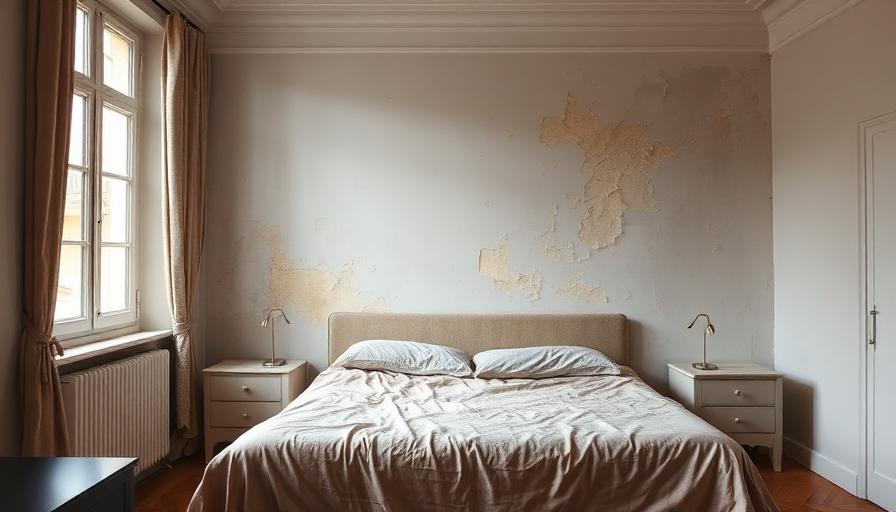 Chambre avec traces d'humidité sur les murs