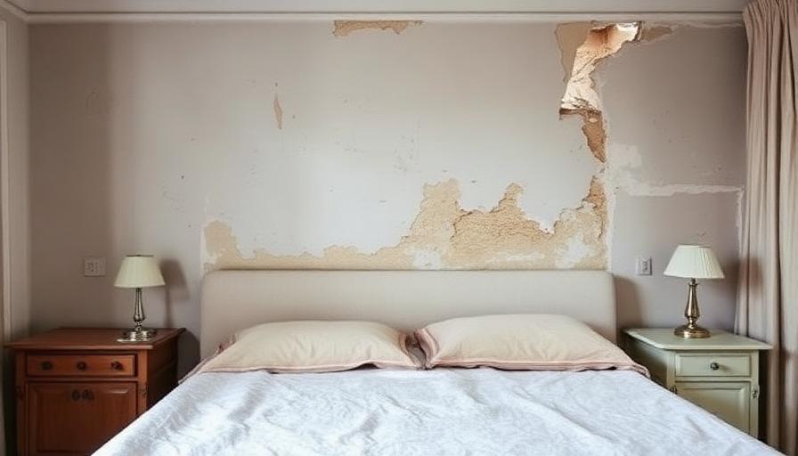 Chambre avec traces d'humidité visibles sur les murs