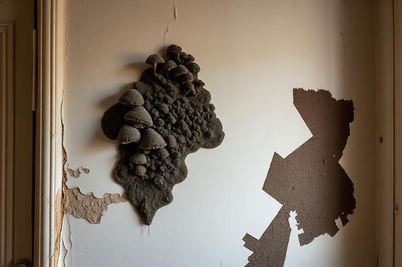 Mur fortement contaminé par des champignons avec développement fongique avancé et peinture dégradée