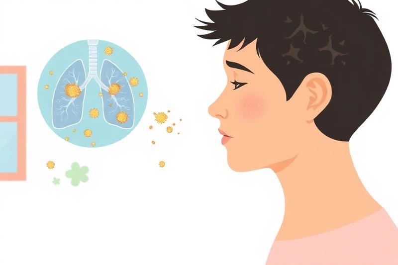 Illustration des risques sanitaires des champignons muraux : spores fongiques inhalées provoquant des problèmes respiratoires