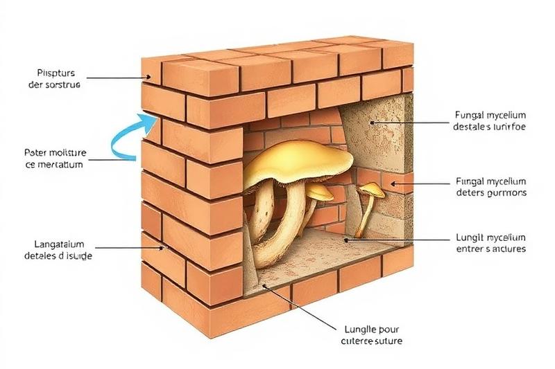 Schéma du développement d'un champignon dans un mur humide : pénétration de l'eau, colonisation fongique, apparition en surface