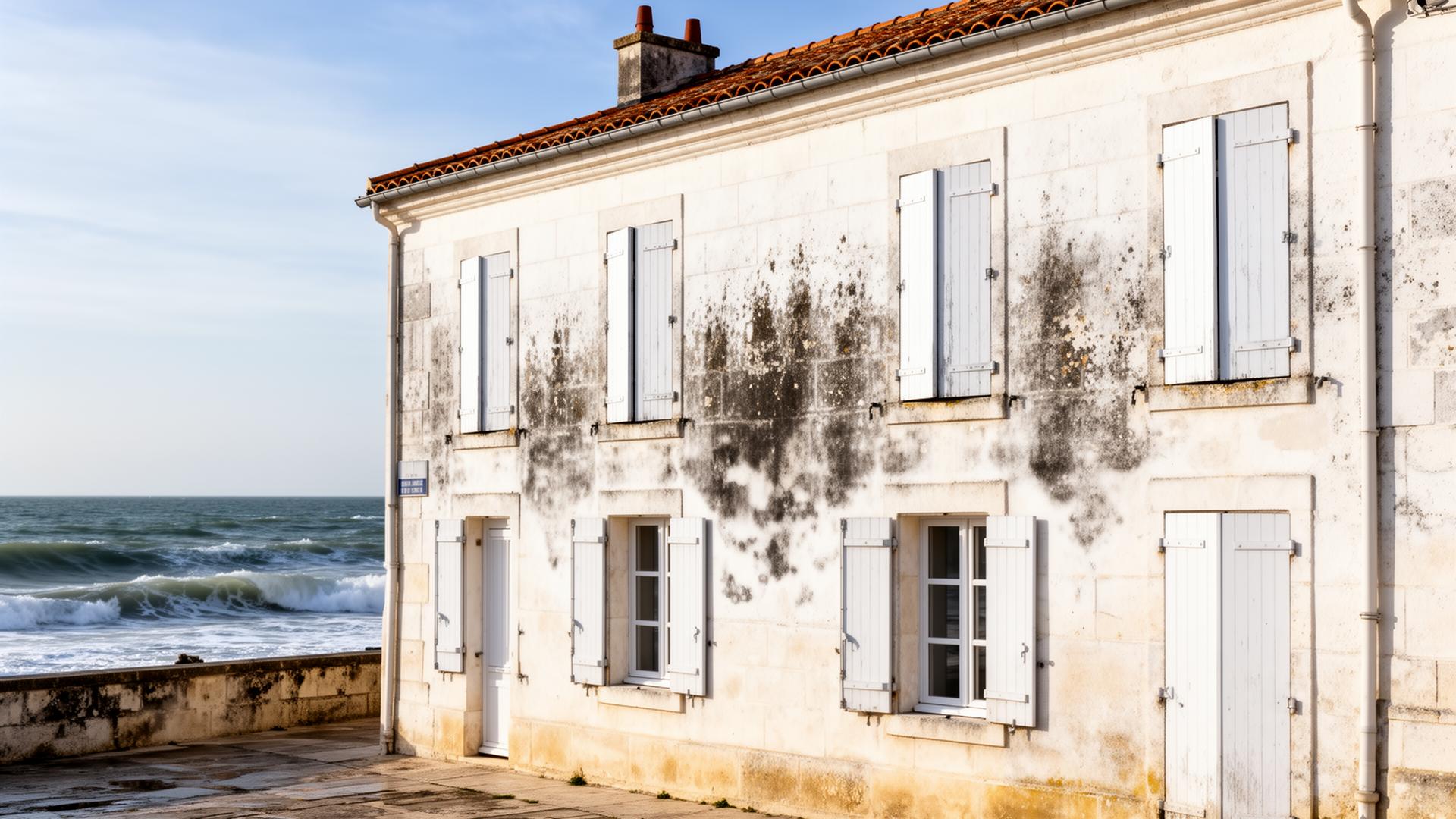 Maison charentaise en pierre calcaire face à l'océan Atlantique avec traces d'humidité et de sel sur la façade