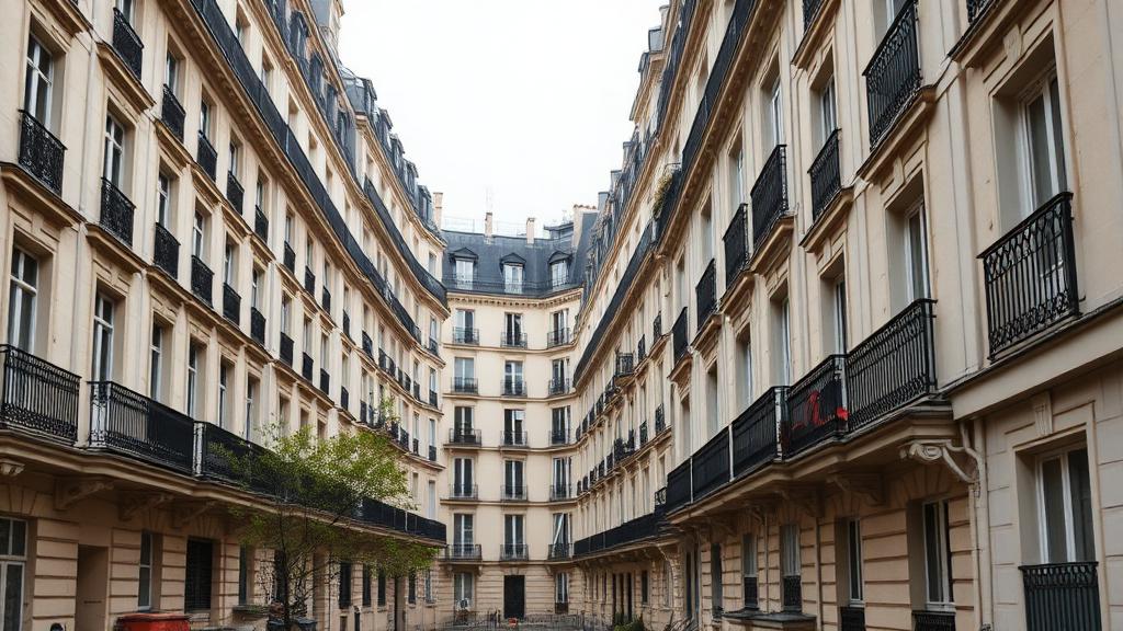 Cour intérieure d'un ensemble d'immeubles anciens — copropriété dense à Colombes