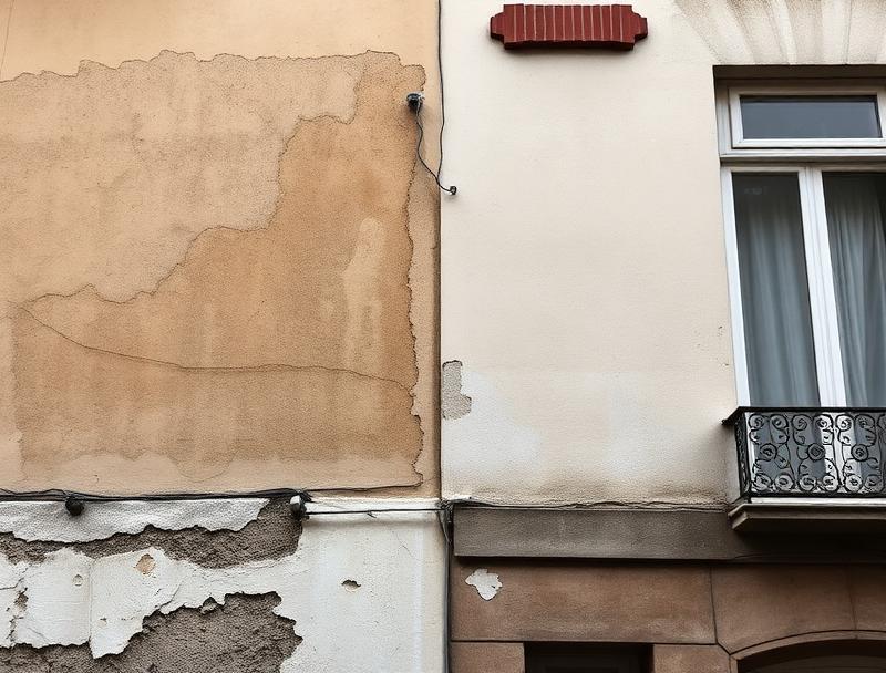Mur mitoyen entre deux bâtiments montrant des traces d'humidité et de dégradation