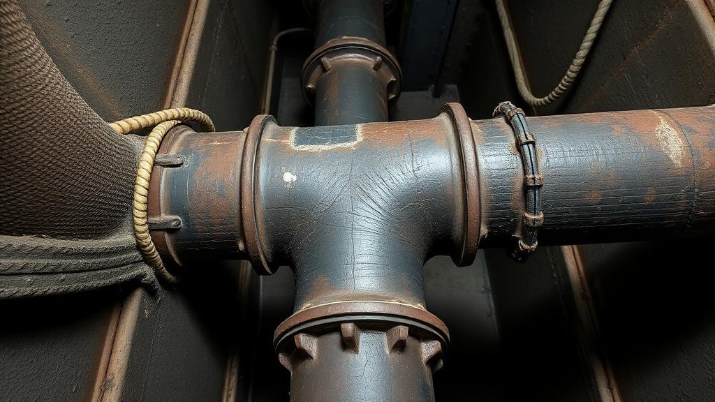Colonne d'évacuation en fonte dans une gaine technique d'immeuble montrant des signes d'usure