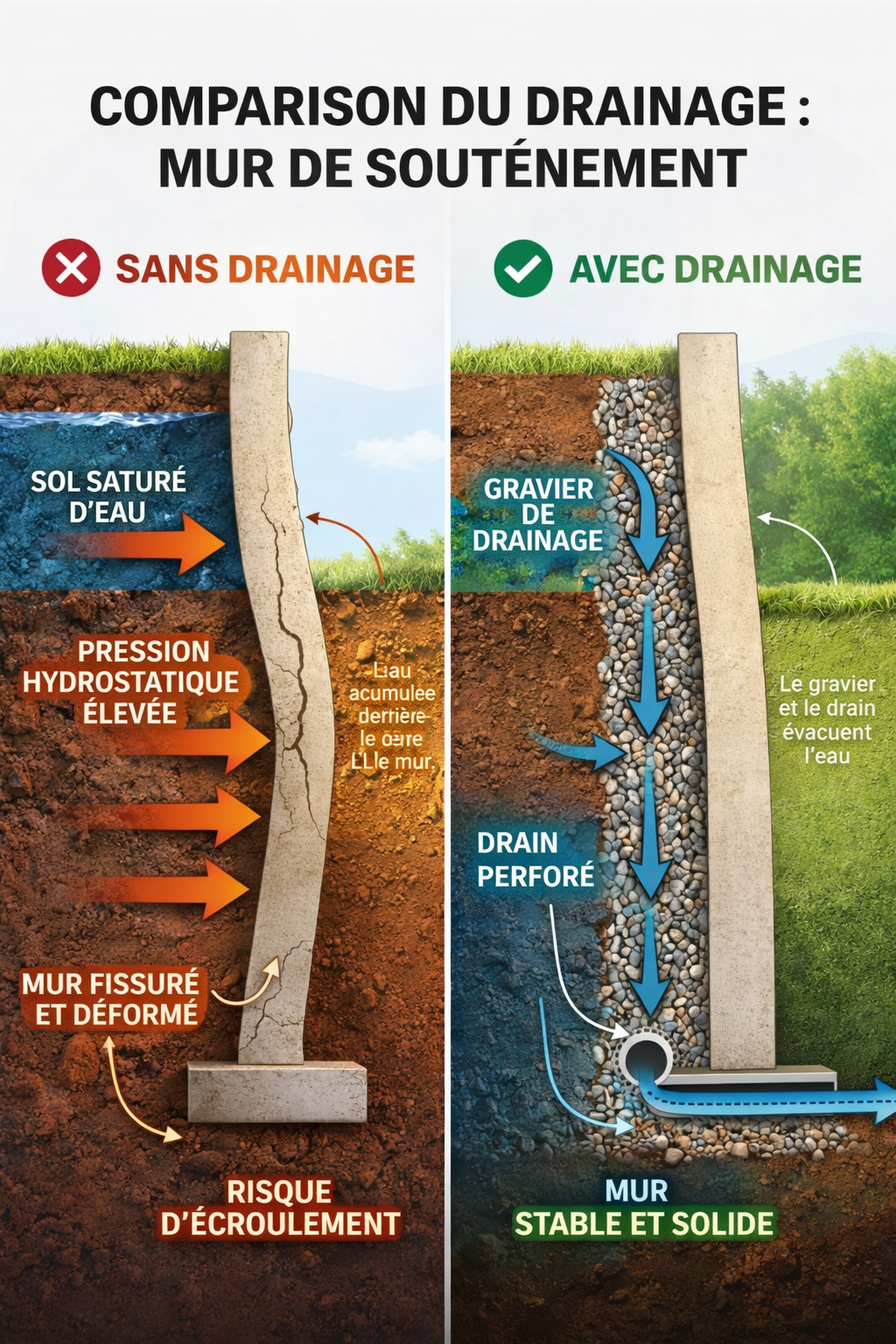 Mur de soutènement sans drainage vs avec drainage : comprendre les risques et les solutions