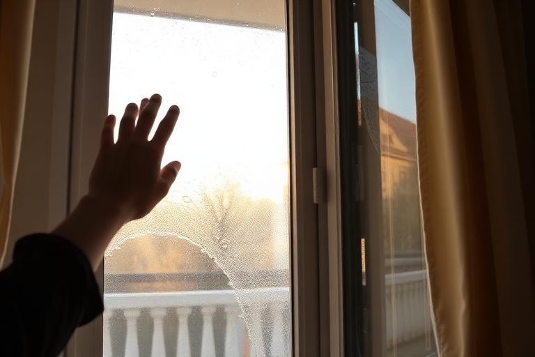 Personne ouvrant une fenêtre avec condensation pour aérer un logement français en hiver