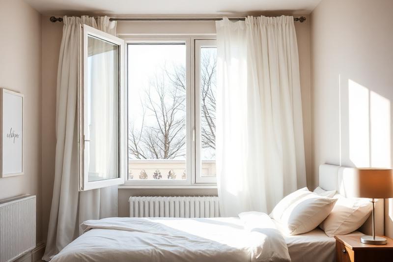Fenêtre de chambre grande ouverte le matin pour l'aération quotidienne, rideaux blancs, lit fait, lumière naturelle