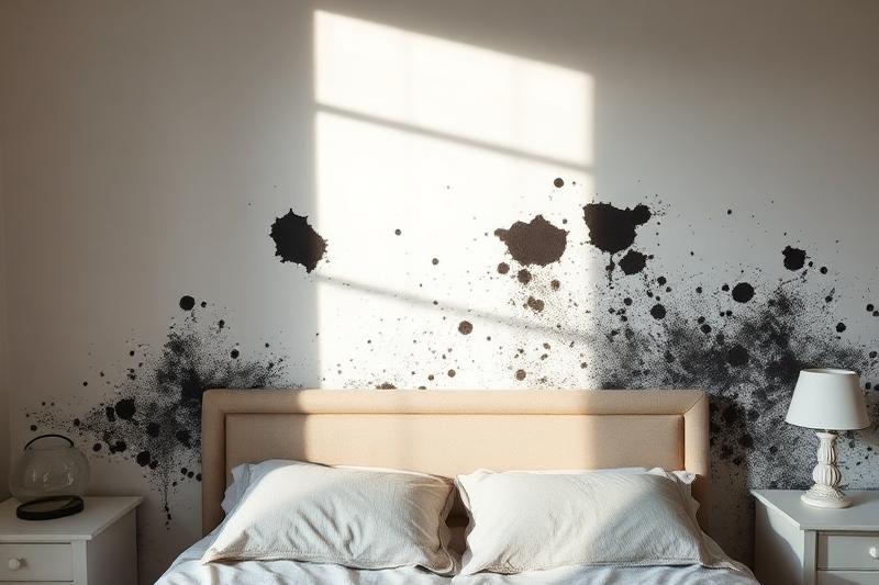 Moisissures noires sur le mur d'une chambre derrière une tête de lit, dégâts causés par la condensation chronique