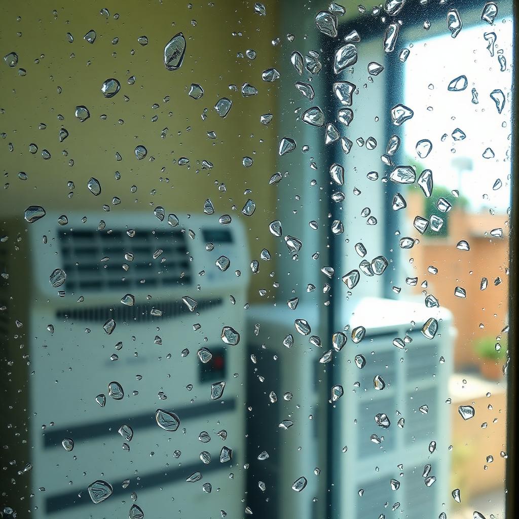Condensation sur fenêtre en été avec climatisation visible en arrière-plan