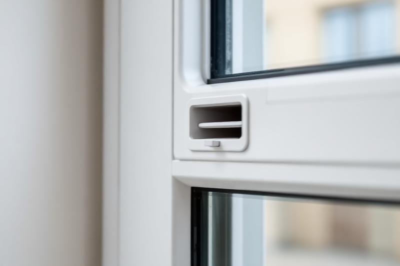 Entrée d'air hygroréglable sur une fenêtre PVC blanche, dispositif de ventilation intégré au cadre