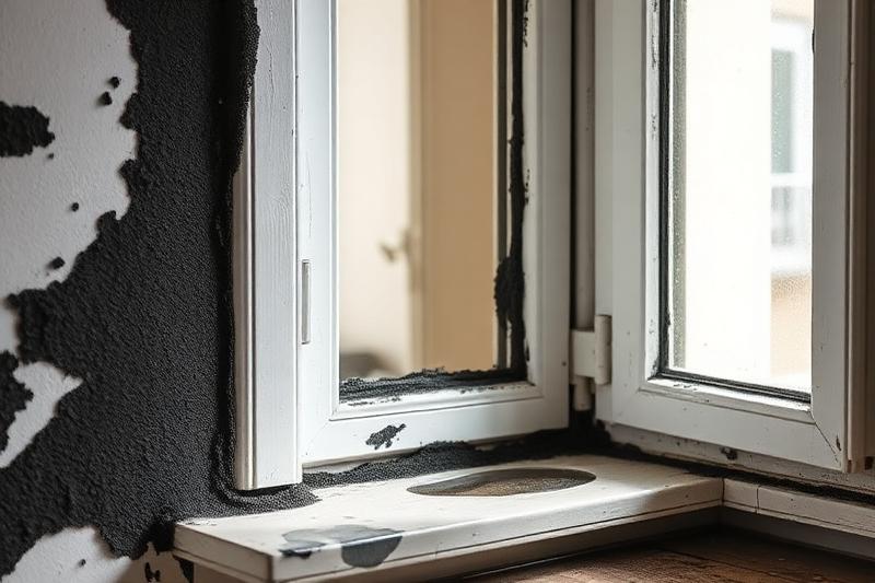 Moisissures noires sur le cadre et l'appui d'une fenêtre causées par la condensation chronique, dégradation visible du bois