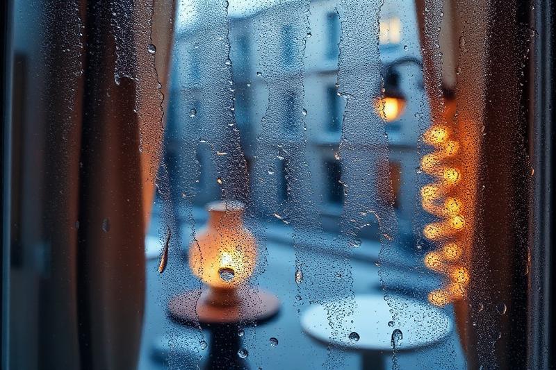 Condensation intense sur une fenêtre avec gouttelettes d'eau ruisselant sur la vitre froide, intérieur d'appartement en hiver