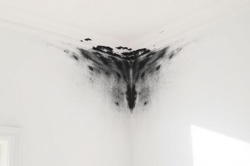 Moisissures noires dans l'angle d'un mur et d'un plafond blanc, causées par la condensation chronique sur un pont thermique