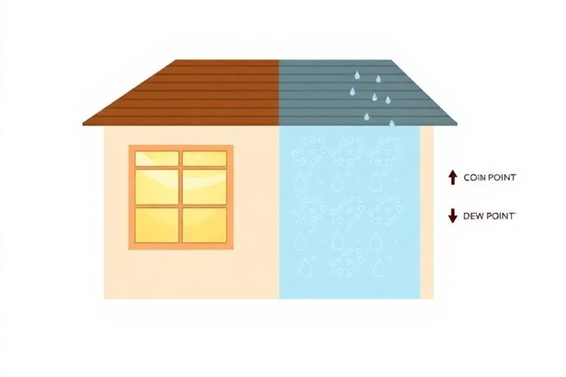 Schéma pédagogique illustrant le processus de condensation dans un logement : air chaud humide rencontrant une surface froide au point de rosée