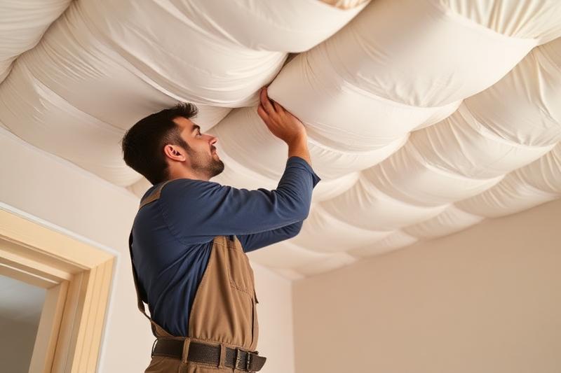 Technicien posant des panneaux d'isolation au plafond pour prévenir la condensation et les déperditions de chaleur