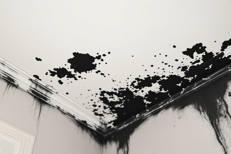 Moisissures noires dans l'angle entre le mur et le plafond d'une pièce, causées par la condensation chronique