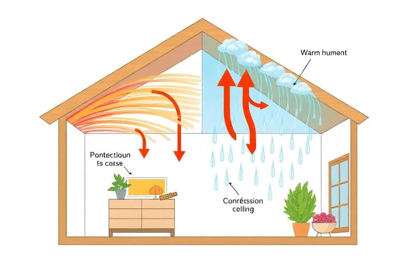 Schéma illustrant le mécanisme de convection de l'air chaud et humide vers le plafond froid, avec formation de condensation