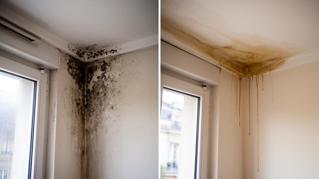 Comparaison entre condensation et infiltration : buée sur fenêtre à gauche, auréole humide sur mur à droite