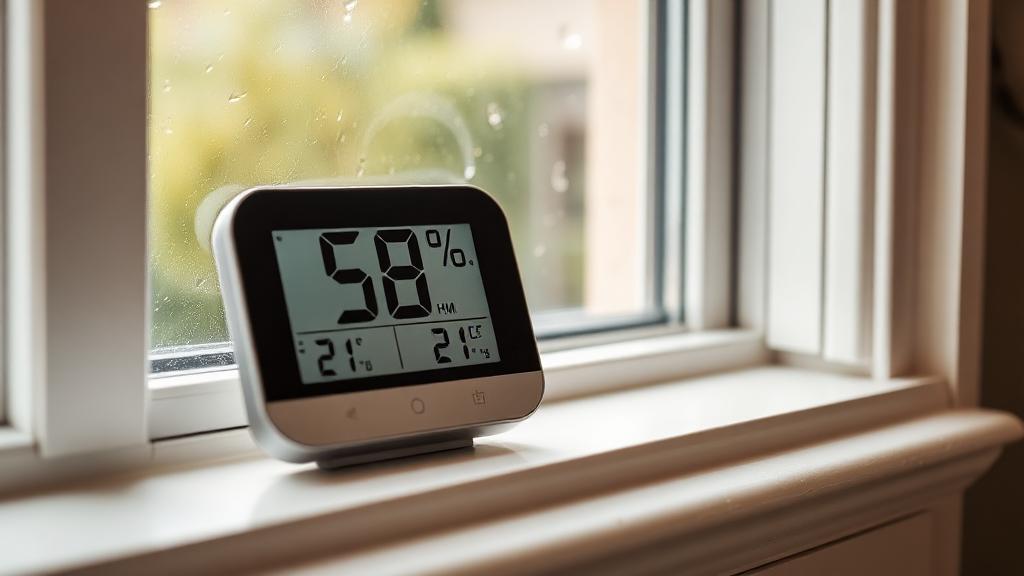 Hygromètre digital affichant le taux d'humidité sur un rebord de fenêtre avec traces de condensation