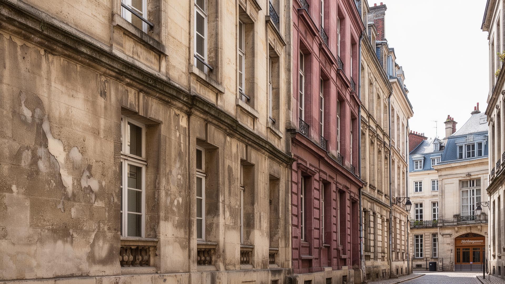 Architecture historique de Dijon en pierre calcaire avec traces d'humidité sur façades