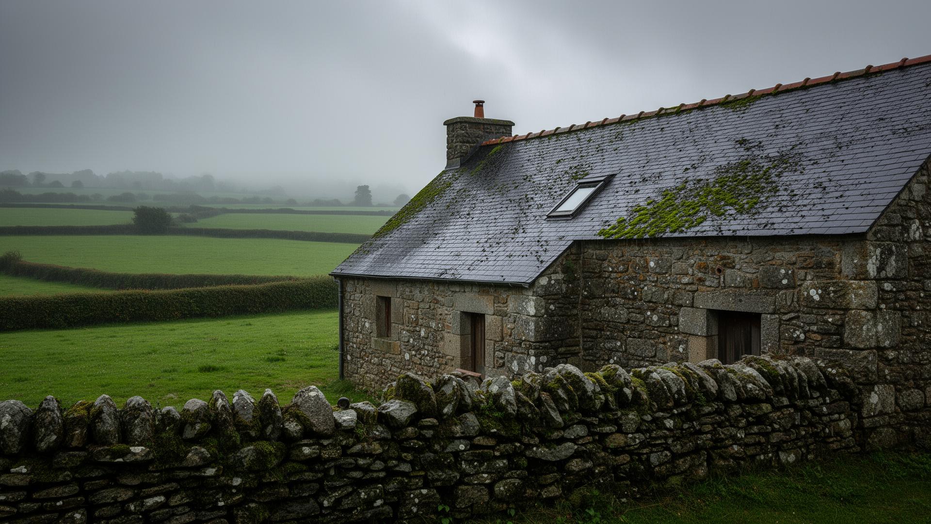 Paysage rural des Côtes-d'Armor avec longère traditionnelle en granite
