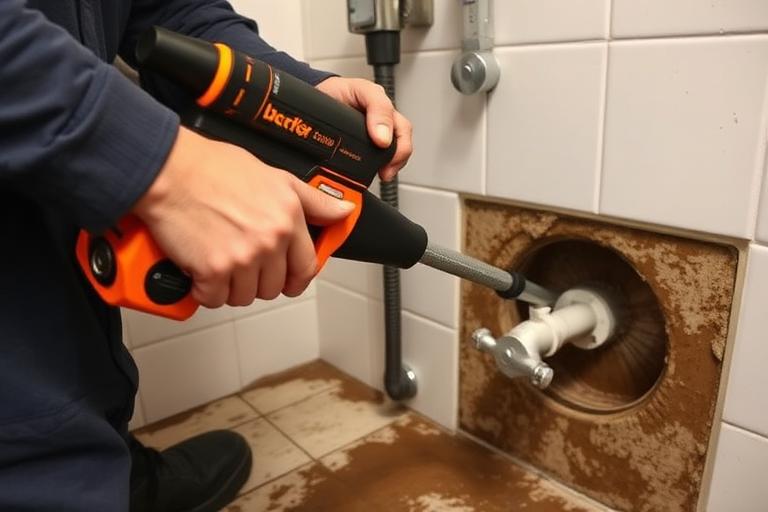 Professionnel utilisant un furet électrique pour déboucher une canalisation résidentielle