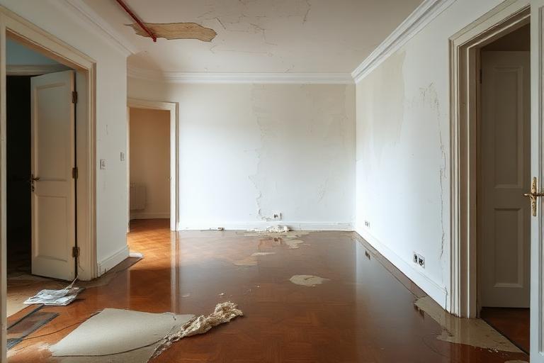 Dégâts des eaux sur un mur avec plâtre dégradé et moisissures suite à une fuite prolongée
