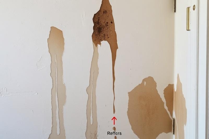 Mur intérieur présentant des traces d'humidité et des cloques de peinture causées par une fuite de canalisation cachée