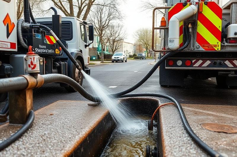 Camion-hydrocureur professionnel intervenant sur une canalisation bouchée en milieu urbain