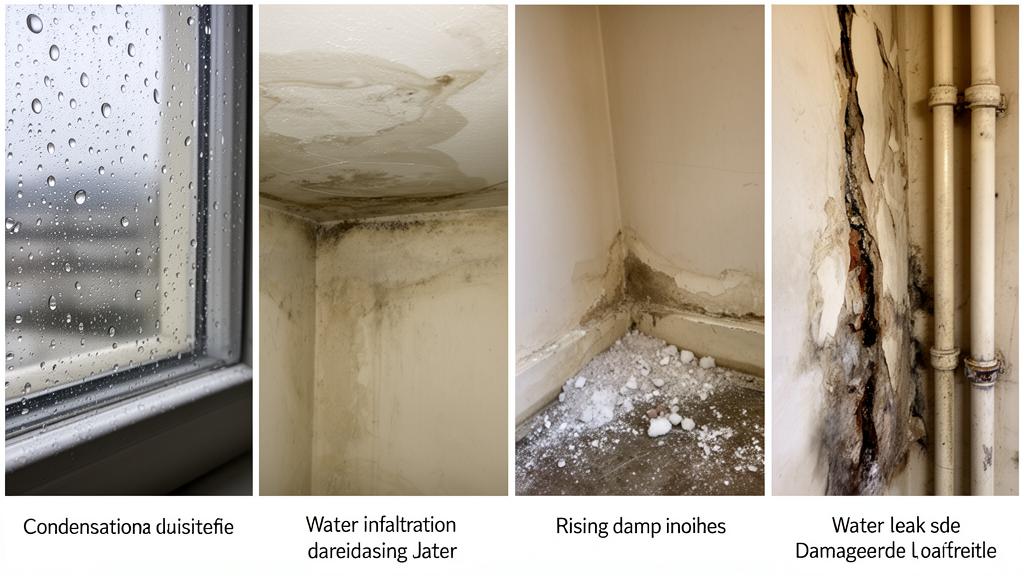Comparaison visuelle des différents types d'humidité : condensation sur fenêtre, infiltration sur mur, remontées capillaires en pied de mur