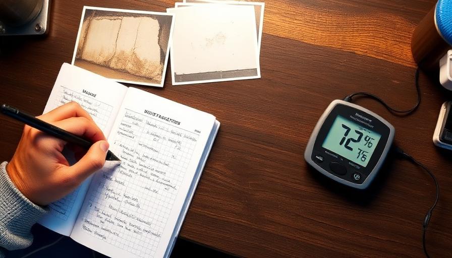 Personne documentant un problème d'humidité avec un carnet de notes, des photos de dégâts et un hygromètre affichant 72%
